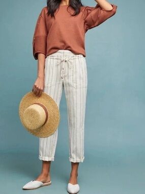 Anthro Seashore White Navy Striped Linen Trousers